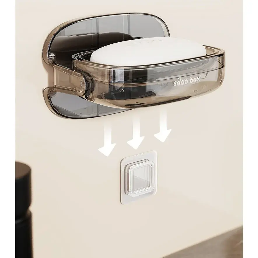 Savoniera cu Suport 2 in 1, Pentru Perete sau Blat, PET, Scurgere Optima, GriTransparent (3)