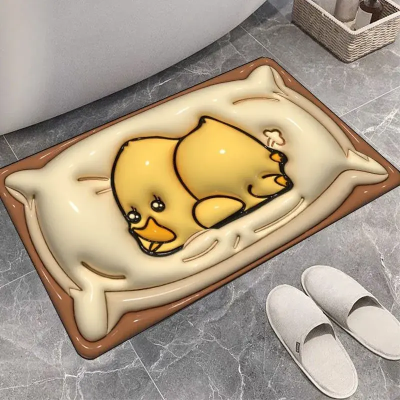 Covor de Baie 3D, din Spumă Absorbantă, Antialunecare, Design Animat cu Rățușcă, Uscare Rapidă, 40 x 60 cm, Galben/Bej/Maro (3)