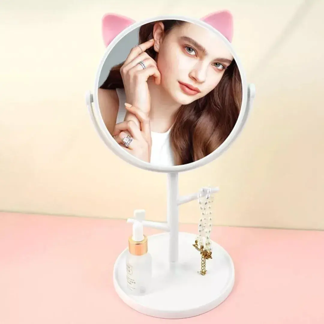 Oglina Cosmetica cu Picior, HD, Rotire 360 Grade, 15 cm Diametru, Suport Bijuterii Baza Rotunda + 2 Brate, Model cu Urechi Roz de Ursulet, 31 x 14.5 x 15 cm, din Plastic, Alb (2)