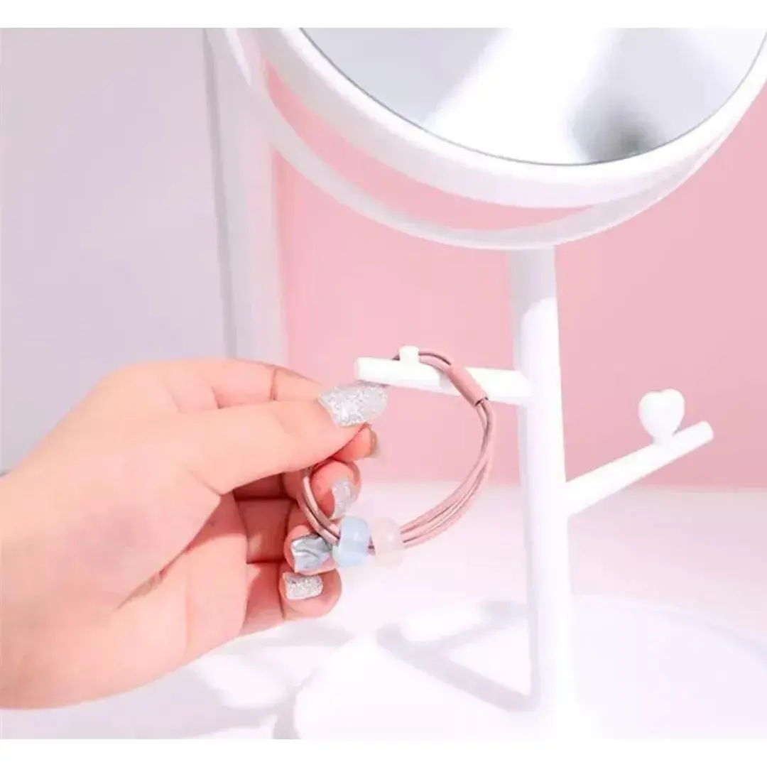 Oglina Cosmetica cu Picior, HD, Rotire 360 Grade, 15 cm Diametru, Suport Bijuterii Baza Rotunda + 2 Brate, Model cu Urechi Roz de Ursulet, 31 x 14.5 x 15 cm, din Plastic, Alb (3)
