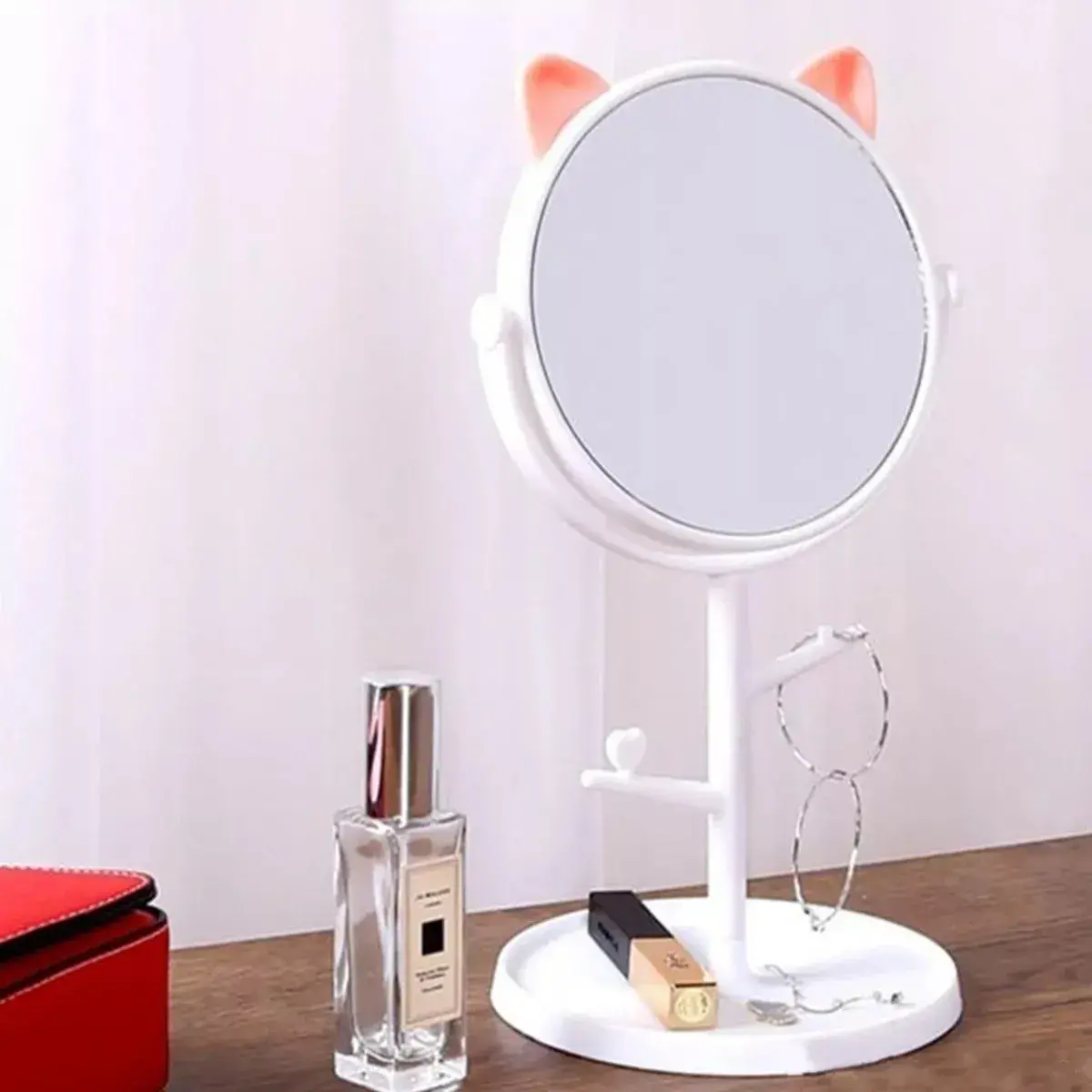 Oglina Cosmetica cu Picior, HD, Rotire 360 Grade, 15 cm Diametru, Suport Bijuterii Baza Rotunda + 2 Brate, Model cu Urechi Roz de Ursulet, 31 x 14.5 x 15 cm, din Plastic, Alb (4)