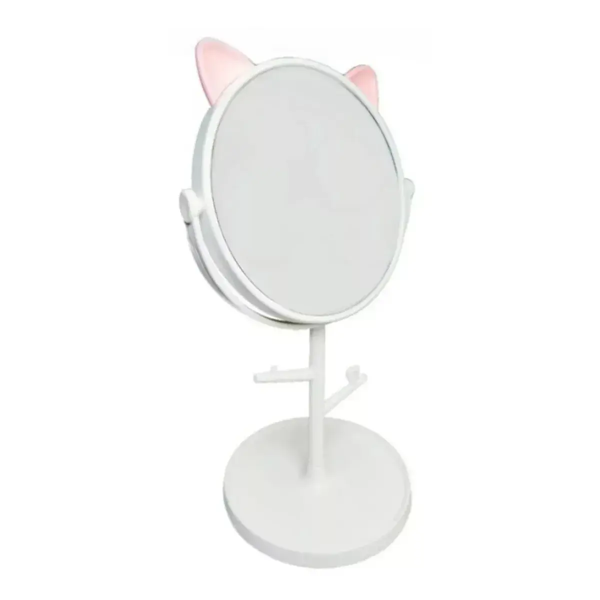Oglina Cosmetica cu Picior, HD, Rotire 360 Grade, 15 cm Diametru, Suport Bijuterii Baza Rotunda + 2 Brate, Model cu Urechi Roz de Ursulet, 31 x 14.5 x 15 cm, din Plastic, Alb (5)
