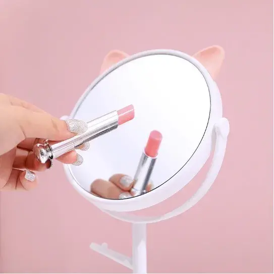 Oglina Cosmetica cu Picior, HD, Rotire 360 Grade, 15 cm Diametru, Suport Bijuterii Baza Rotunda + 2 Brate, Model cu Urechi Roz de Ursulet, 31 x 14.5 x 15 cm, din Plastic, Alb (7)