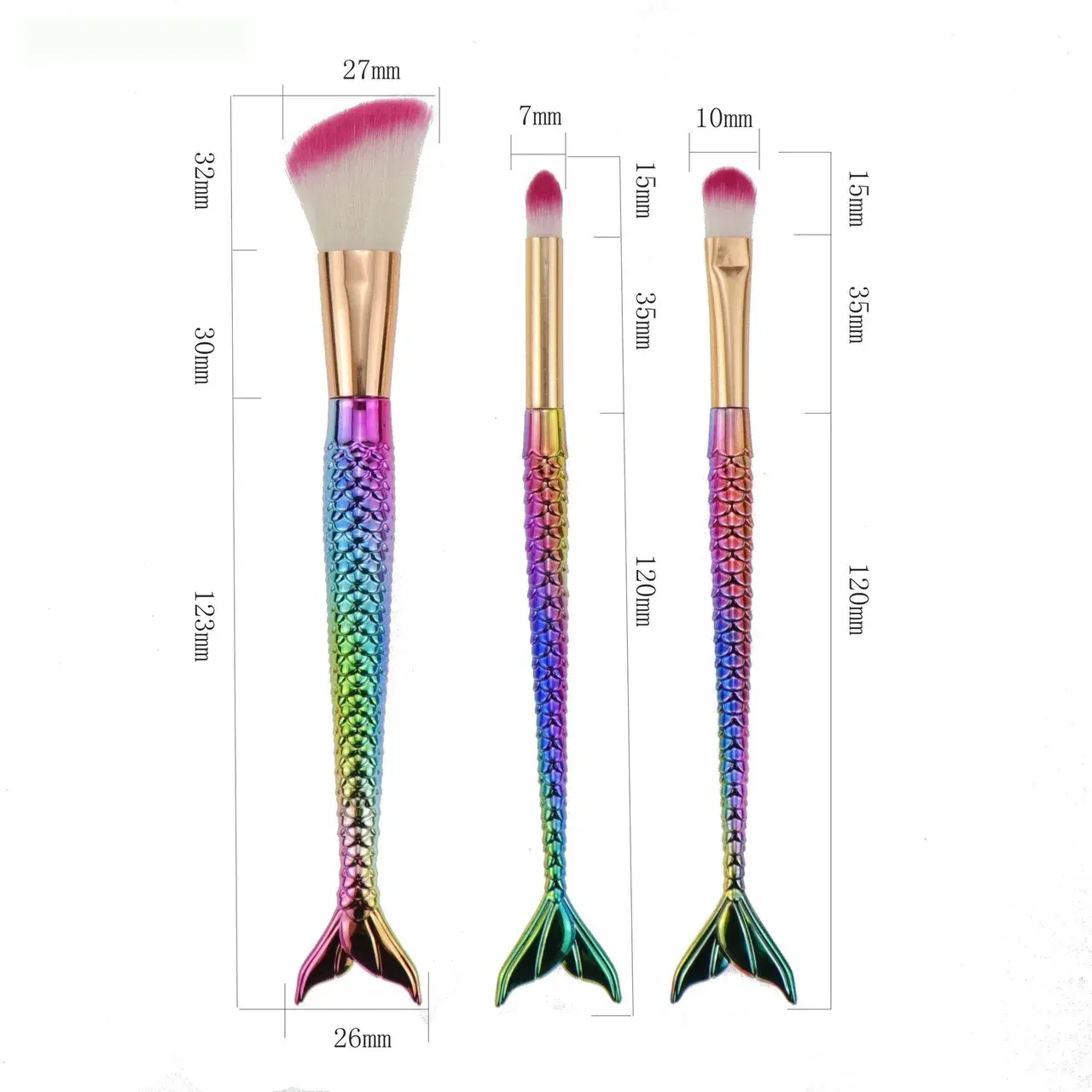 Set 3 Pensule pentru Machiaj, in Forma de Sirena, Electroplacate, Detalii Fine, Maner Ergonomic, Peri din Fibra Moale, Multicolor (2)