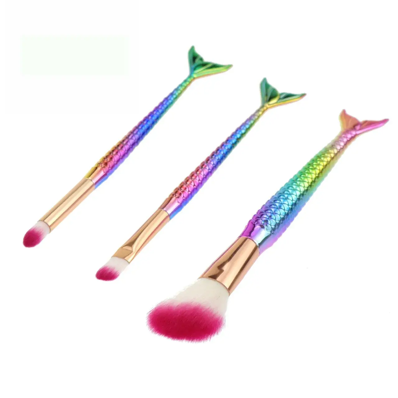 Set 3 Pensule pentru Machiaj, in Forma de Sirena, Electroplacate, Detalii Fine, Maner Ergonomic, Peri din Fibra Moale, Multicolor (3)