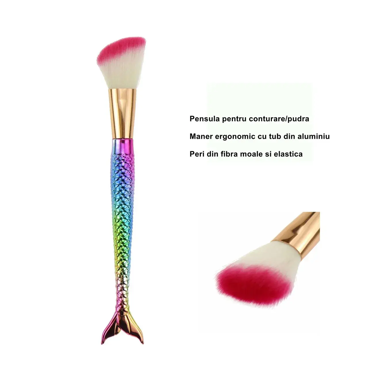 Set 3 Pensule pentru Machiaj, in Forma de Sirena, Electroplacate, Detalii Fine, Maner Ergonomic, Peri din Fibra Moale, Multicolor (4)