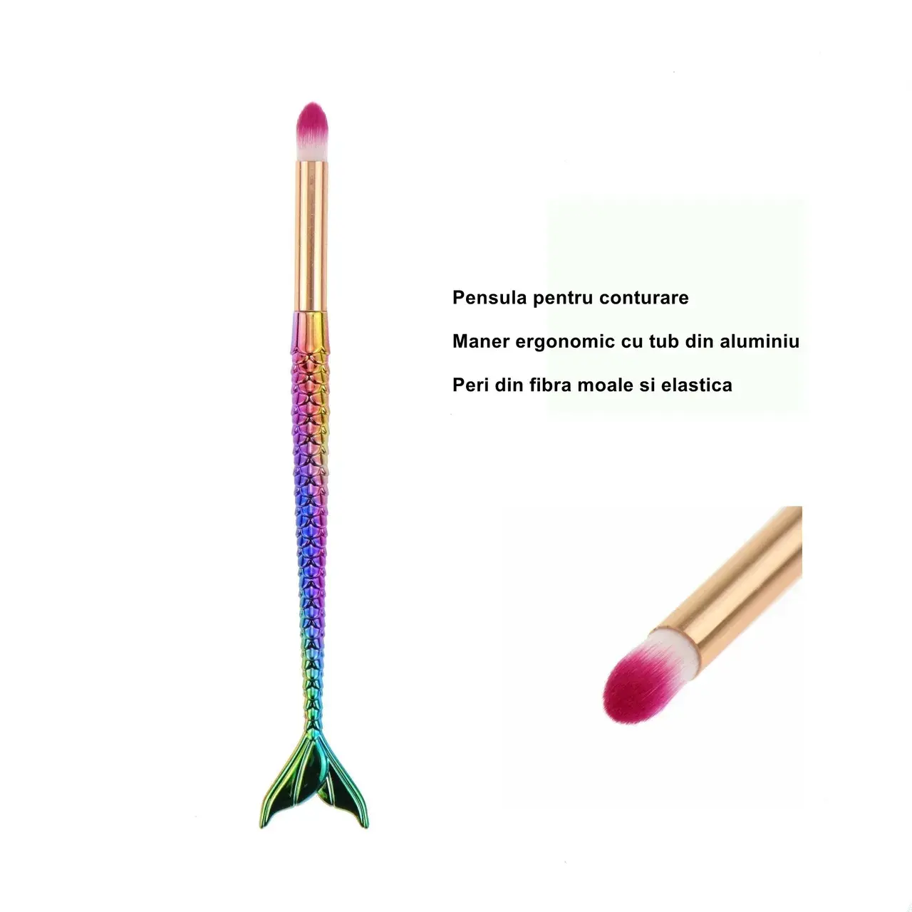 Set 3 Pensule pentru Machiaj, in Forma de Sirena, Electroplacate, Detalii Fine, Maner Ergonomic, Peri din Fibra Moale, Multicolor (5)