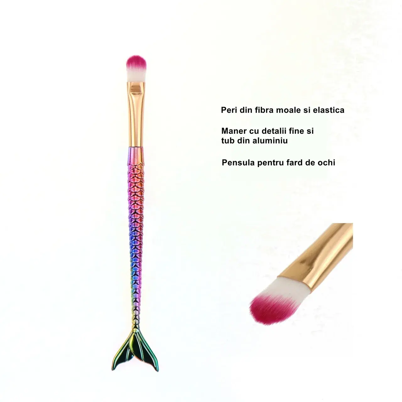 Set 3 Pensule pentru Machiaj, in Forma de Sirena, Electroplacate, Detalii Fine, Maner Ergonomic, Peri din Fibra Moale, Multicolor (6)