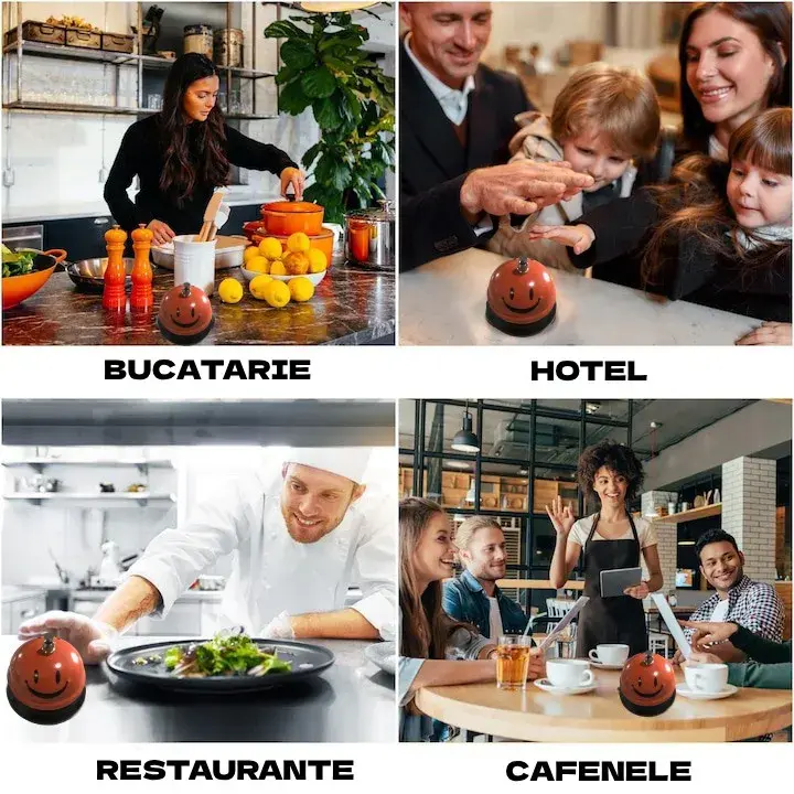 Clopotel Metalic Multifunctional, Portocaliu cu Imprimeu Smiley Face, 7.5x7.5x6.5 cm, Receptie, Restaurant, Cafenele (2)