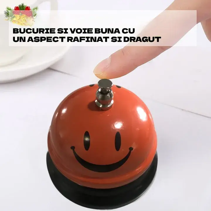 Clopotel Metalic Multifunctional, Portocaliu cu Imprimeu Smiley Face, 7.5x7.5x6.5 cm, Receptie, Restaurant, Cafenele (3)