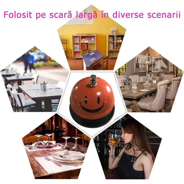 Clopotel Metalic Multifunctional, Portocaliu cu Imprimeu Smiley Face, 7.5x7.5x6.5 cm, Receptie, Restaurant, Cafenele (5)