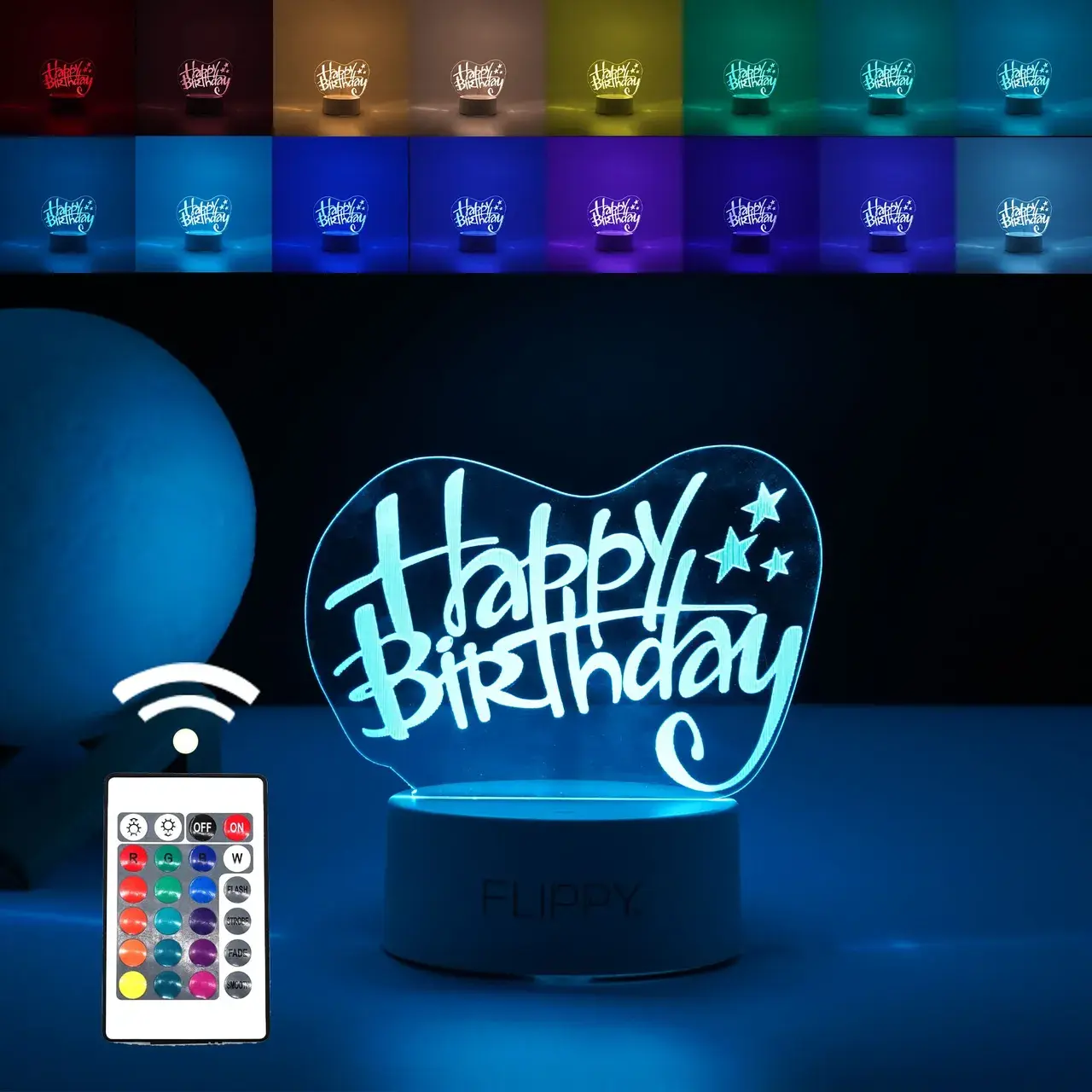 Lampa LED decorativa, 3D, Happy Birthday, cu USB si baterii, 20 cm inaltime, din material acril, lumina multicolora si telecomanda inclusa, alb