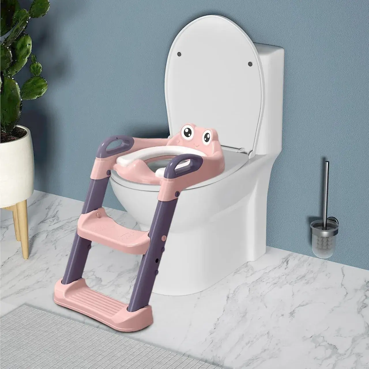 Reductor si Scaunel Inaltator WC, pentru Copii 1 - 7 Ani, 2 Trepte Reglabile, Pliabil, Colac Moale, cu Spatar si Manere, Inaltime 54/58 cm x 39.5 x 35 cm, din Plastic+PVC, Roz/Mov (2)