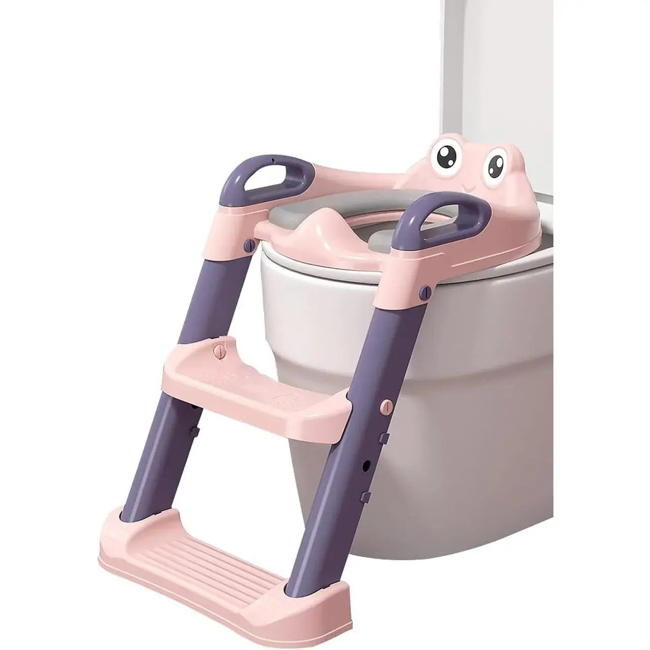 Reductor si Scaunel Inaltator WC, pentru Copii 1 - 7 Ani, 2 Trepte Reglabile, Pliabil, Colac Moale, cu Spatar si Manere, Inaltime 54/58 cm x 39.5 x 35 cm, din Plastic+PVC, Roz/Mov (4)