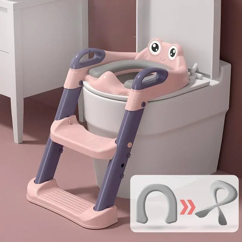 Reductor si Scaunel Inaltator WC, pentru Copii 1 - 7 Ani, 2 Trepte Reglabile, Pliabil, Colac Moale, cu Spatar si Manere, Inaltime 54/58 cm x 39.5 x 35 cm, din Plastic+PVC, Roz/Mov (5)