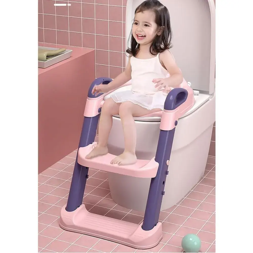 Reductor si Scaunel Inaltator WC, pentru Copii 1 - 7 Ani, 2 Trepte Reglabile, Pliabil, Colac Moale, cu Spatar si Manere, Inaltime 54/58 cm x 39.5 x 35 cm, din Plastic+PVC, Roz/Mov (6)