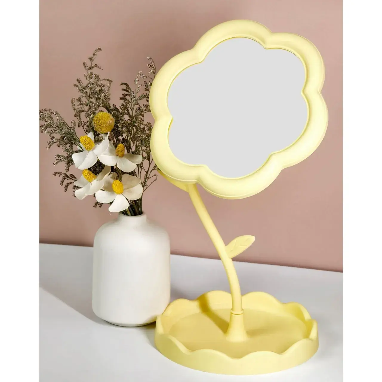 Oglindă de Machiaj pentru Birou, Rotativă, Detasabilă, Model de Floarea Soarelui, Suport pentru Inele, cu Depozitare, Galbena (6)