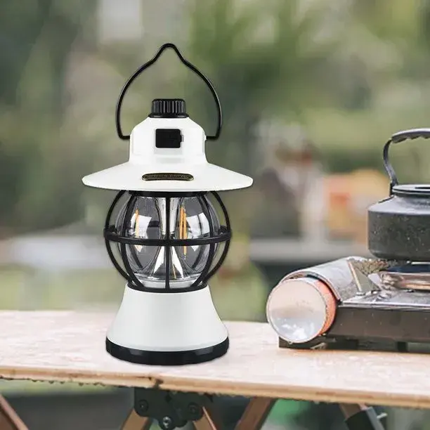 Lampă de camping retro portabilă, Felinar Vintage LED ABS, Acumulator inclus 1200 mAh, reincarcabila, 20 cm inaltime, 3 moduri de iluminare, intensitate reglabila,Lampa portabila pentru cort în aer liber, Alb (2)