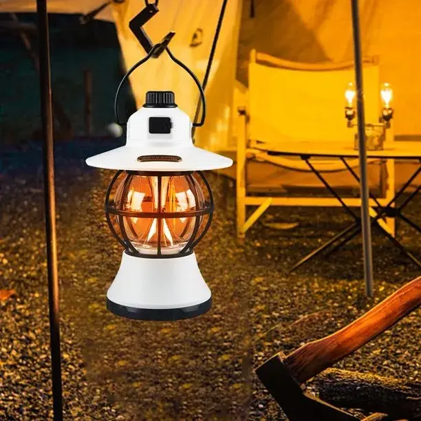 Lampă de camping retro portabilă, Felinar Vintage LED ABS, Acumulator inclus 1200 mAh, reincarcabila, 20 cm inaltime, 3 moduri de iluminare, intensitate reglabila,Lampa portabila pentru cort în aer liber, Alb (3)