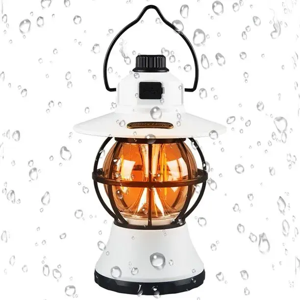 Lampă de camping retro portabilă, Felinar Vintage LED ABS, Acumulator inclus 1200 mAh, reincarcabila, 20 cm inaltime, 3 moduri de iluminare, intensitate reglabila,Lampa portabila pentru cort în aer liber, Alb (4)