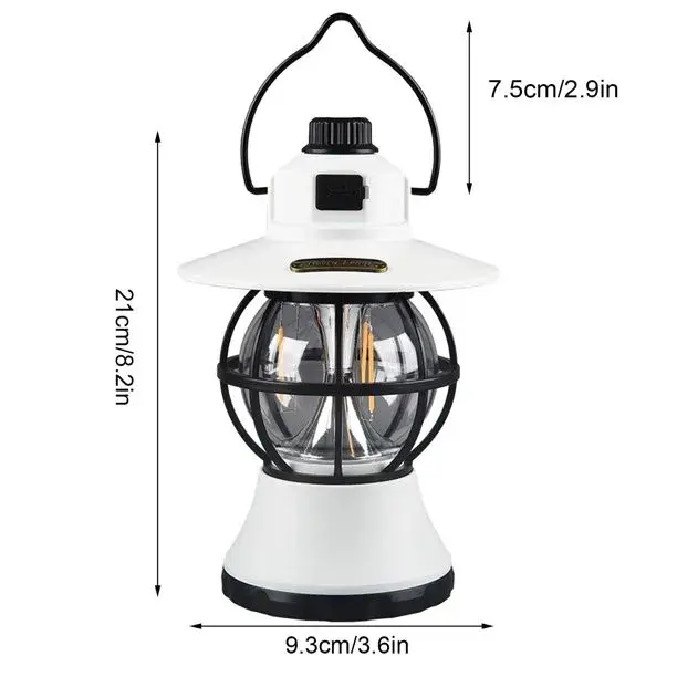 Lampă de camping retro portabilă, Felinar Vintage LED ABS, Acumulator inclus 1200 mAh, reincarcabila, 20 cm inaltime, 3 moduri de iluminare, intensitate reglabila,Lampa portabila pentru cort în aer liber, Alb (5)