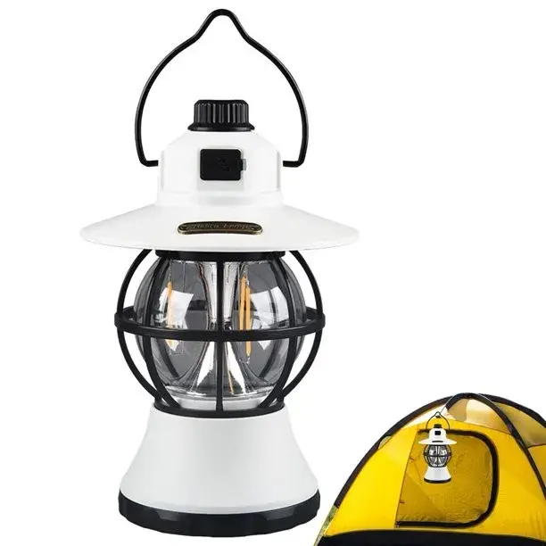 Lampă de camping retro portabilă, Felinar Vintage LED ABS, Acumulator inclus 1200 mAh, reincarcabila, 20 cm inaltime, 3 moduri de iluminare, intensitate reglabila,Lampa portabila pentru cort în aer liber, Alb (6)