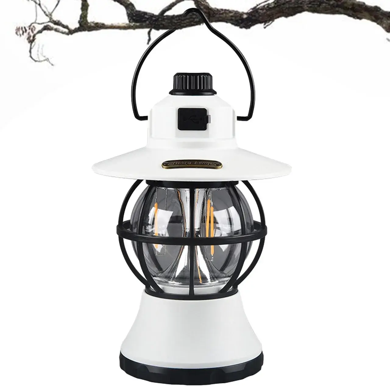 Lampă de camping retro portabilă, Felinar Vintage LED ABS, Acumulator inclus 1200 mAh, reincarcabila, 20 cm inaltime, 3 moduri de iluminare, intensitate reglabila,Lampa portabila pentru cort în aer liber, Alb (8)