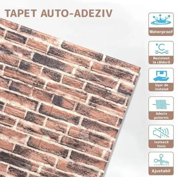 Set 10 Placi Tapet 3D, 70 x 77 cm, Grosime 3 mm, din Polietilena, Model Caramida, Suprafata acoperita 5.3 mp, Caramida Rosie (2)