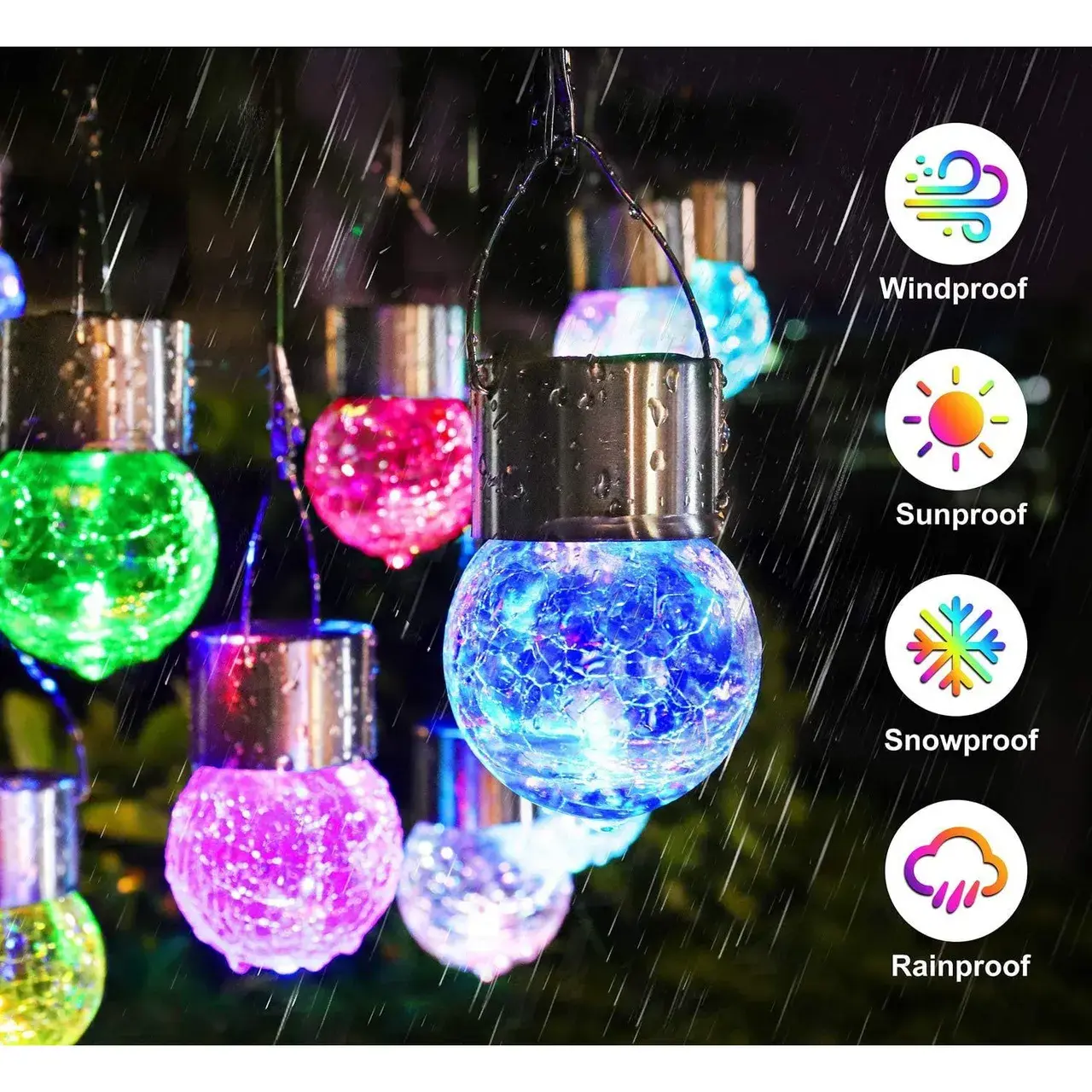 Lampa Solara, LED, Tip Candelabru Mic, Cu Bila Din Sticla Crapata, Exterioara, Impermeabila, Iluminare 6-12 H, Multicolor