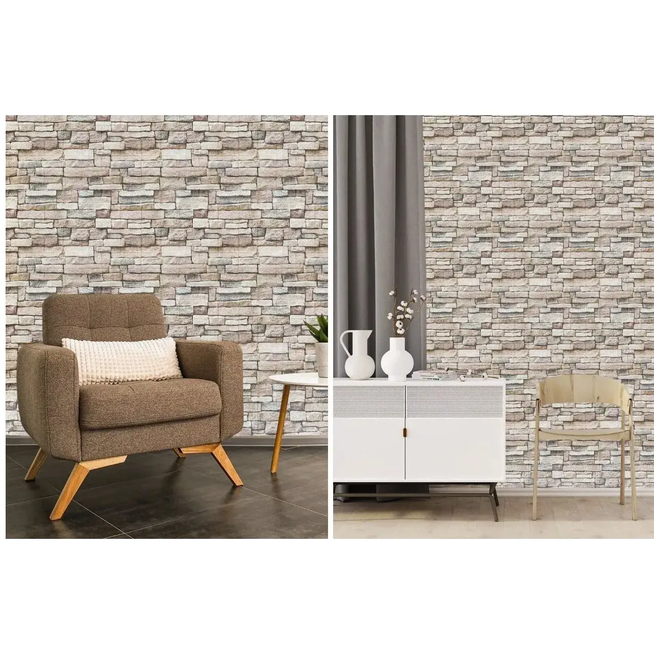 Set 10 Placi de Tapet, Autoadezive, 70 x 77 cm, 2.5 mm Grosime, Suprafata Acoperita 5.3 mp, din PVC, Model Piatra, Crem (3)