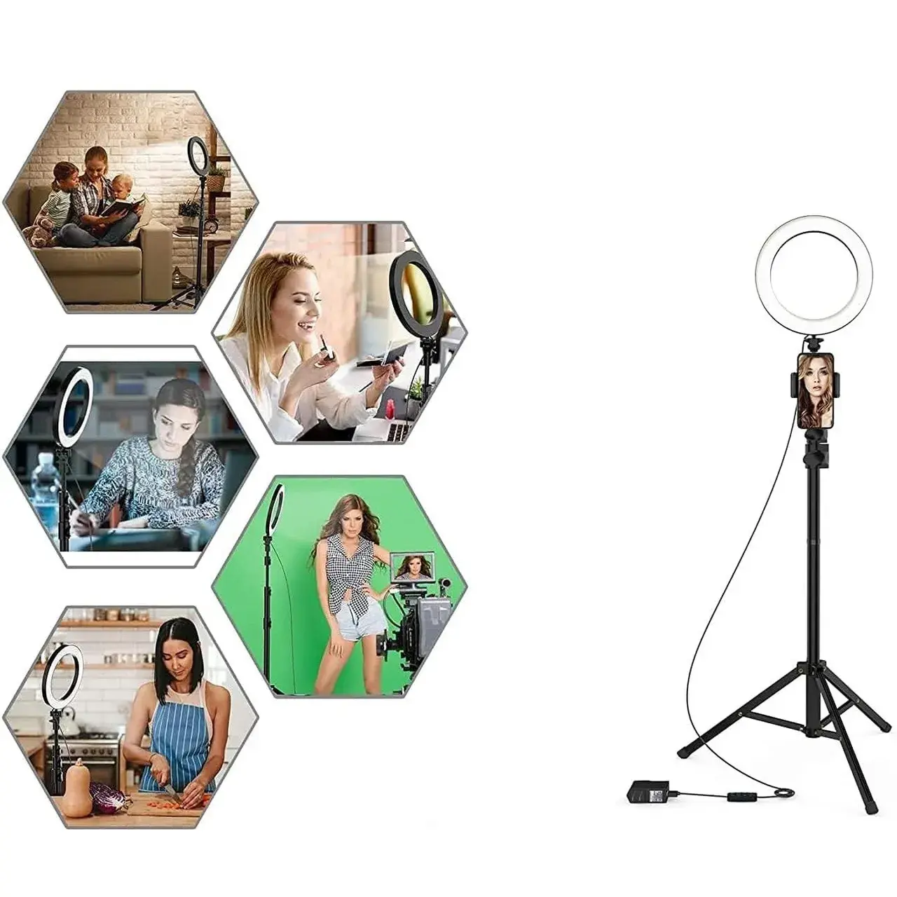 Lampa Circulara RingLight, din ABS, 120 LED-uri, 3 Culori de Lumina, 3 Trepte de Intensitate, Rotire 360, 26 cm Diametru, Negru (2)