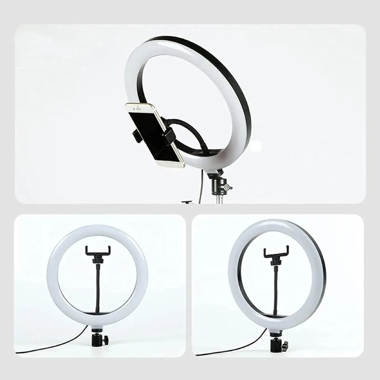 Lampa Circulara RingLight, din ABS, 120 LED-uri, 3 Culori de Lumina, 3 Trepte de Intensitate, Rotire 360, 26 cm Diametru, Negru (4)