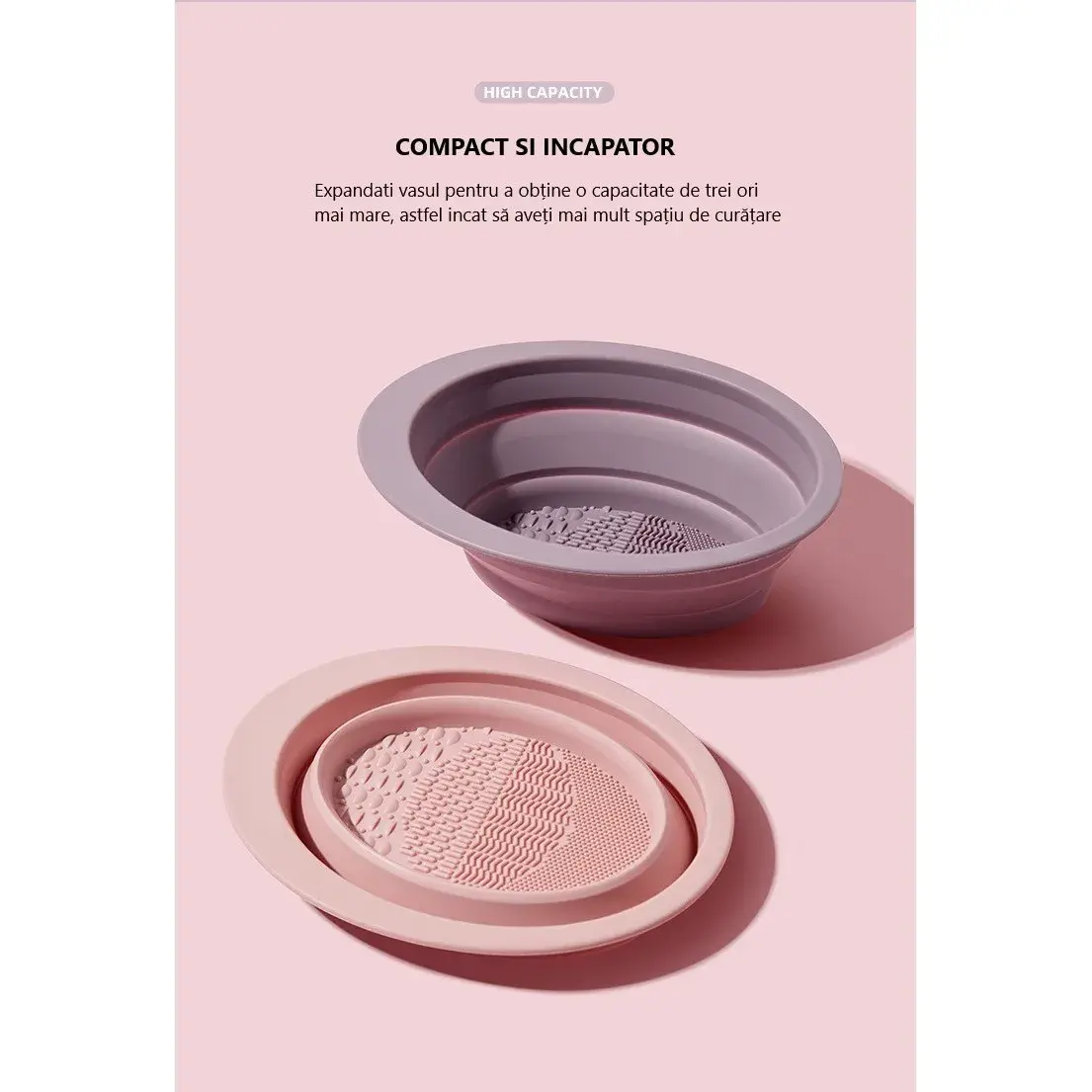 Accesoriu din silicon pentru curatarea accesoriilor makeup, pensule, buretei, 14.5 x 11,5 cm, 2 moduri de utilizare, pliabil, roz (7)