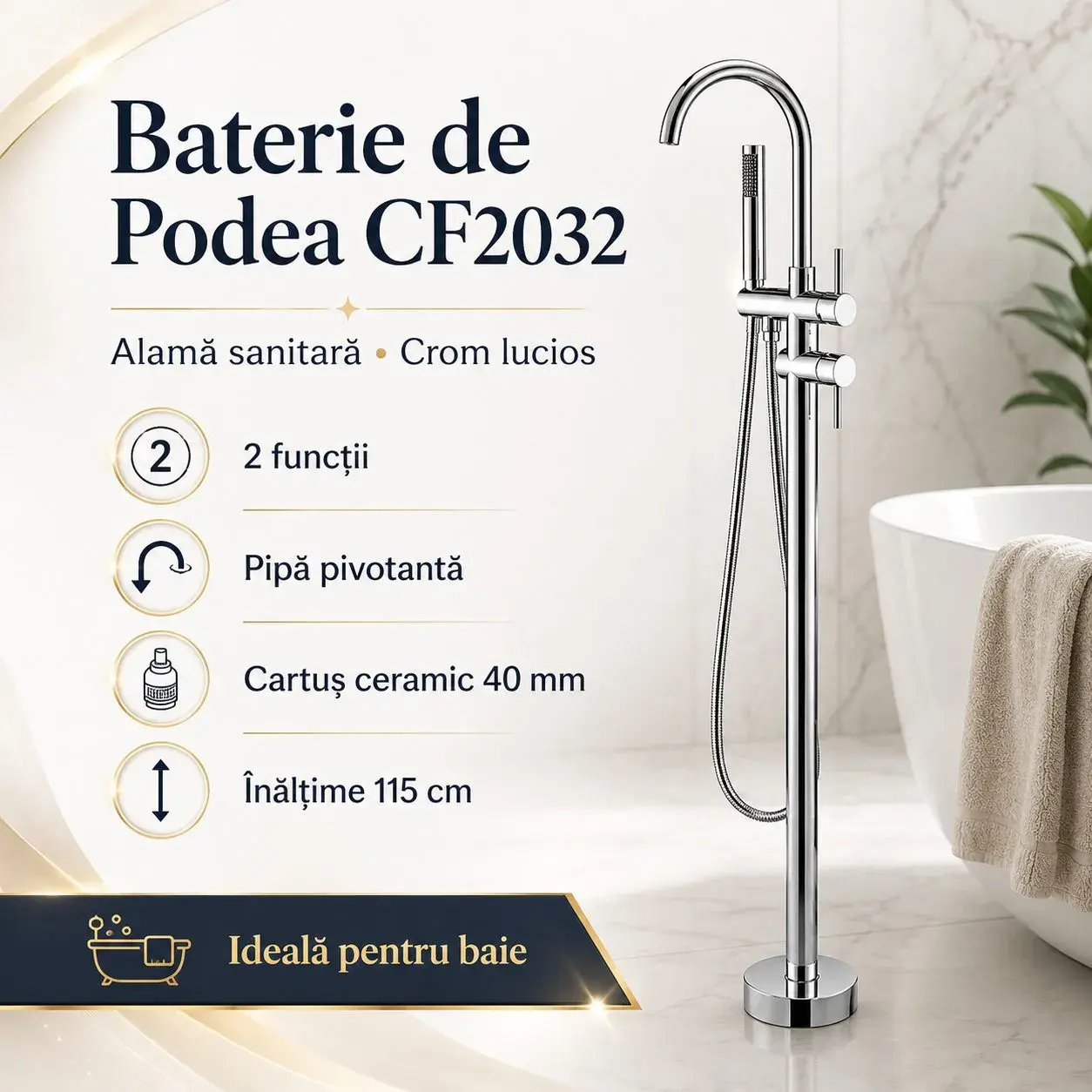 Baterie de Podea cu Cadru Rotund, CF2032, Alama Sanitara, Pipa 18 cm, Inaltime 115 cm, Para de Dus, Crom (5)