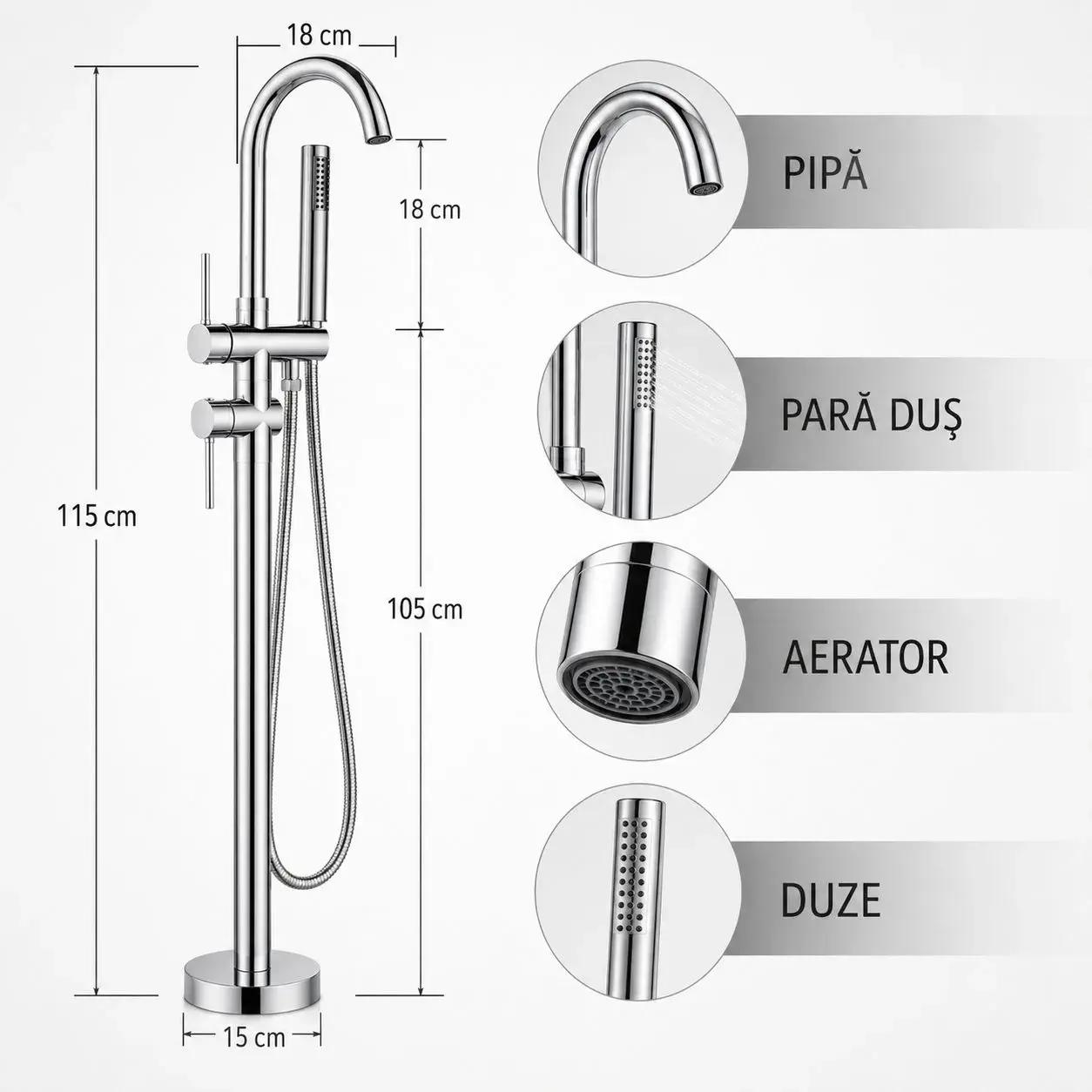 Baterie de Podea cu Cadru Rotund, CF2032, Alama Sanitara, Pipa 18 cm, Inaltime 115 cm, Para de Dus, Crom (6)