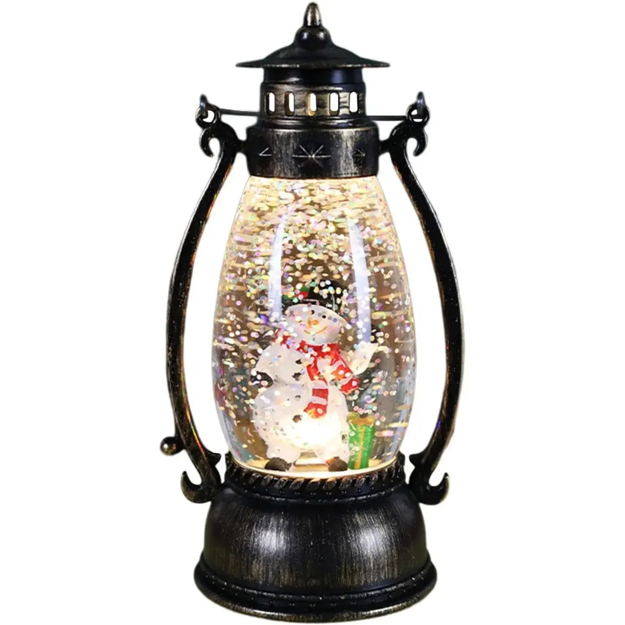 Decoratiune Luminoasa, Felinar de Craciun, cu Lumina LED, Ornament Model Lampa cu Ulei Om de Zapada, cu Maner, 14x7x6 cm, Negru