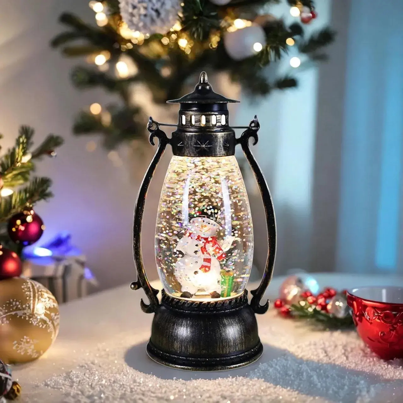 Decoratiune Luminoasa, Felinar de Craciun, cu Lumina LED, Ornament Model Lampa cu Ulei Om de Zapada, cu Maner, 14x7x6 cm, Negru (4)