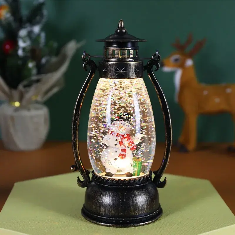 Decoratiune Luminoasa, Felinar de Craciun, cu Lumina LED, Ornament Model Lampa cu Ulei Om de Zapada, cu Maner, 14x7x6 cm, Negru (5)