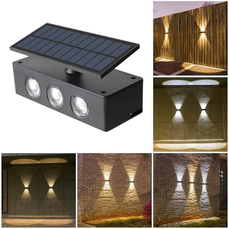 Lampa solara LED bidirectionala, cu panou ajustabil, comutator culoare lumina, pentru perete, scari, gradina, terasa, 16 x 6.5 cm, 6 LED-uri, material ABS, baterie 3.7 V, 1200mah, multicolor (4)