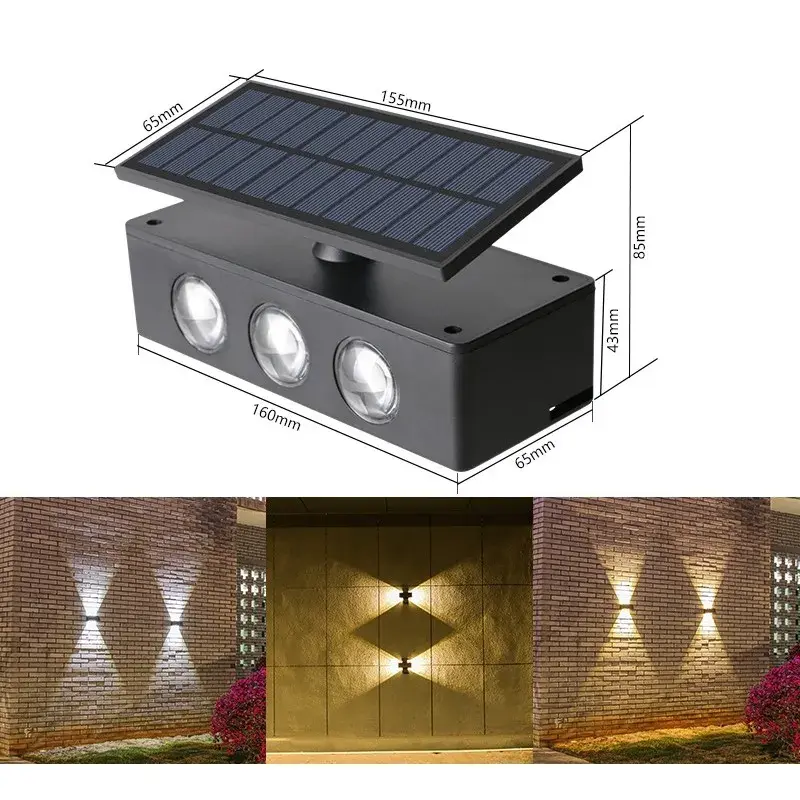 Lampa solara LED bidirectionala, cu panou ajustabil, comutator culoare lumina, pentru perete, scari, gradina, terasa, 16 x 6.5 cm, 6 LED-uri, material ABS, baterie 3.7 V, 1200mah, multicolor (5)