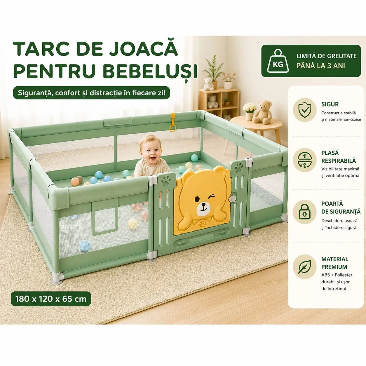 Tarc de Joaca pentru Bebelusi cu Poarta de Siguranta, DNT-147, 180 x 120 x 65 cm, pana la 3 ani, Spatiu de Joaca pentru Interior/Exterior, Portabil pentru Curte, Plasa Respirabila, ABS Poiester, Verde (2)