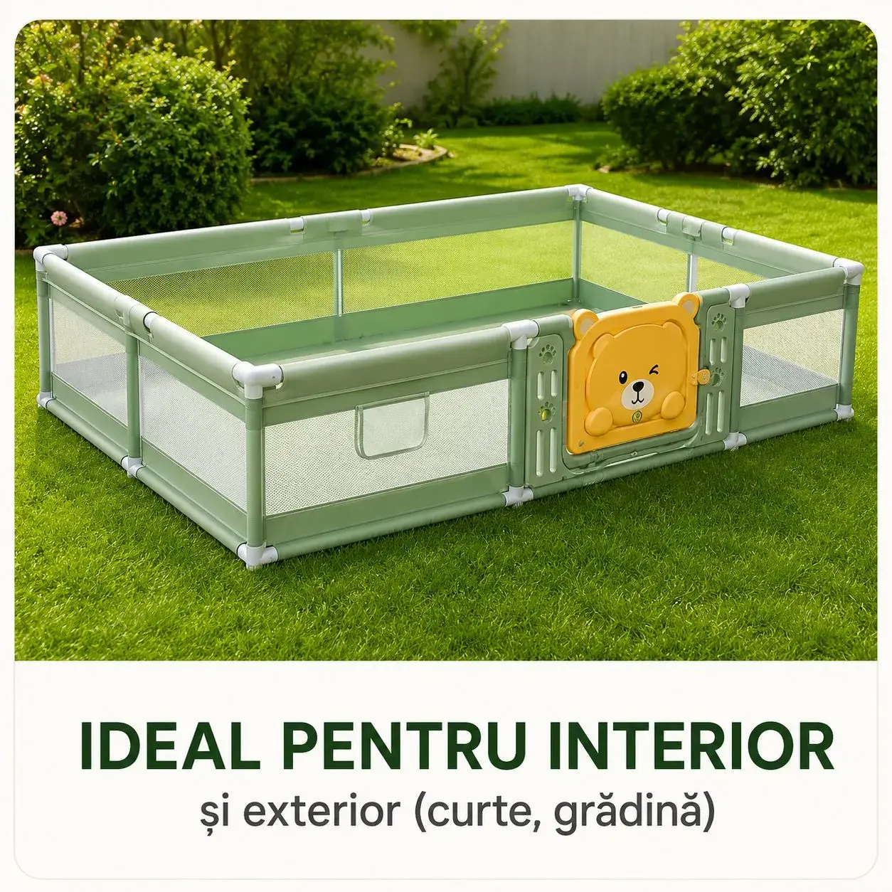 Tarc de Joaca pentru Bebelusi cu Poarta de Siguranta, DNT-147, 180 x 120 x 65 cm, pana la 3 ani, Spatiu de Joaca pentru Interior/Exterior, Portabil pentru Curte, Plasa Respirabila, ABS Poiester, Verde (7)