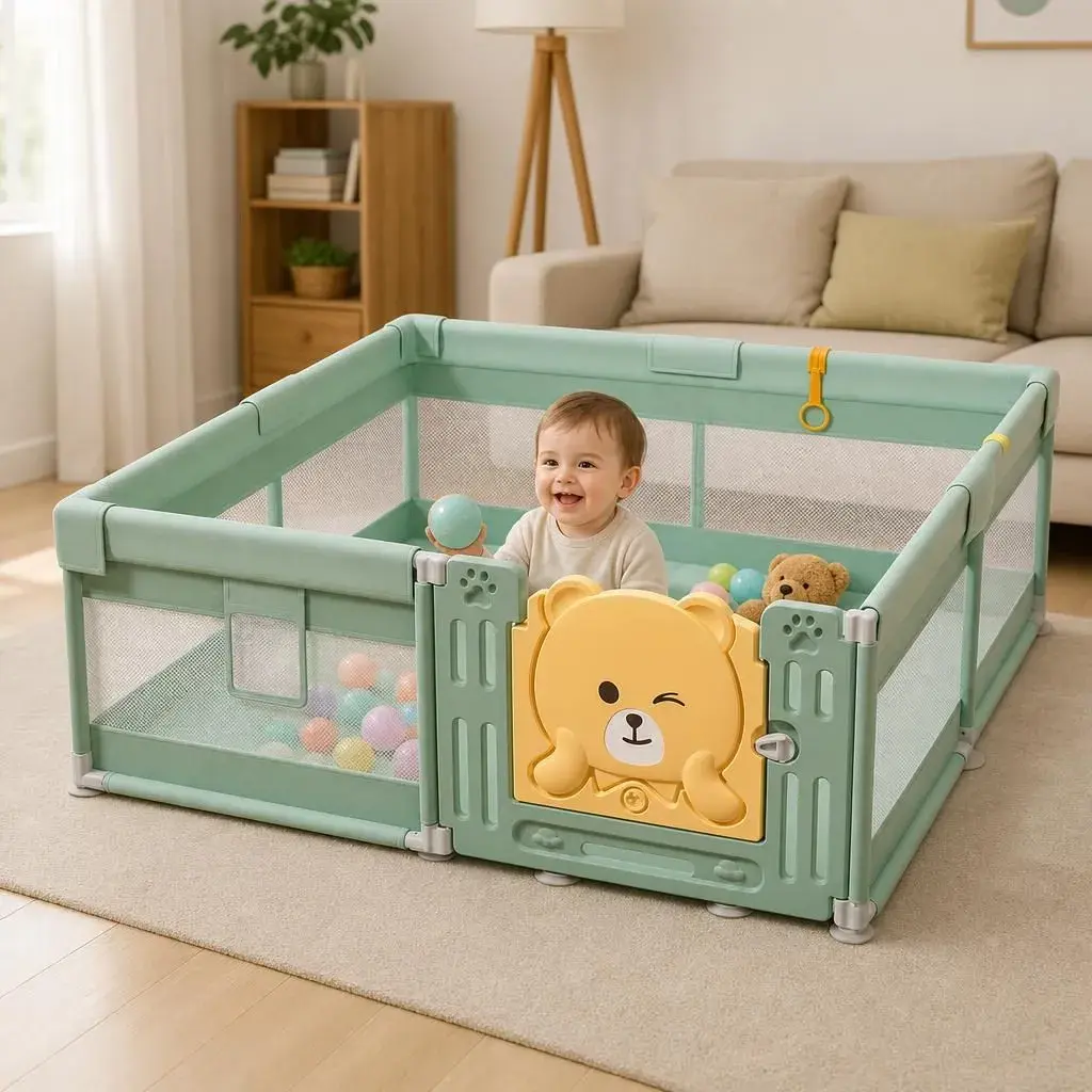 Tarc de Joaca pentru Bebelusi cu Poarta de Siguranta, DNT-147, 180 x 120 x 65 cm, pana la 3 ani, Spatiu de Joaca pentru Interior/Exterior, Portabil pentru Curte, Plasa Respirabila, ABS Poiester, Verde (8)