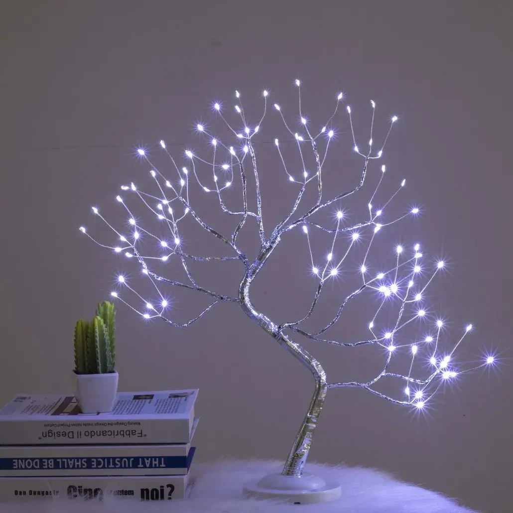 Lampa de veghe LED cu baterii si USB, Model Copac din cupru, Alb rece (2)
