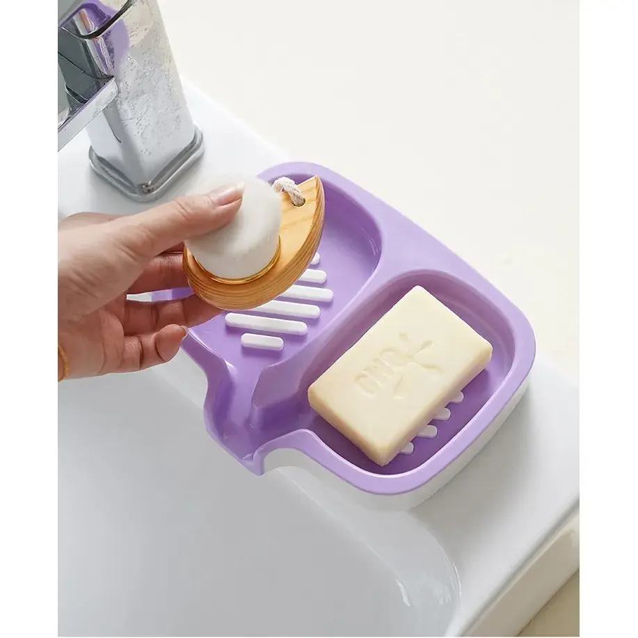 Savonieră Dublă, cu Sistem de Scurgere a Apei, din ABS, pentru 2 Săpunuri, Design Ventilat pentru Uscare Rapidă, 14.5 x 18 x 3 cm, Mov/Alb (2)