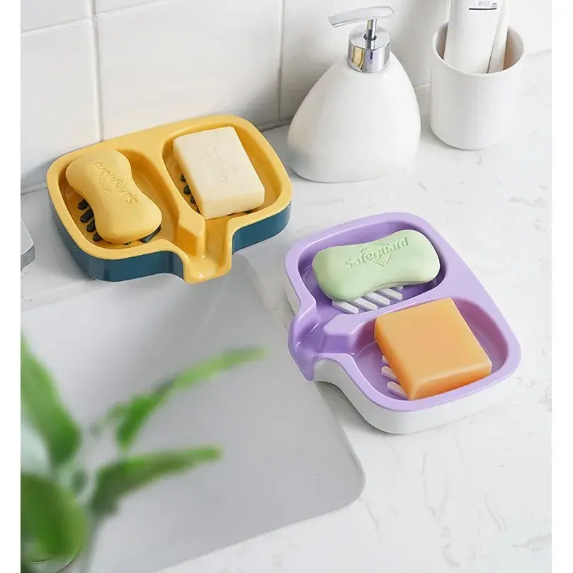 Savonieră Dublă, cu Sistem de Scurgere a Apei, din ABS, pentru 2 Săpunuri, Design Ventilat pentru Uscare Rapidă, 14.5 x 18 x 3 cm, Mov/Alb (4)