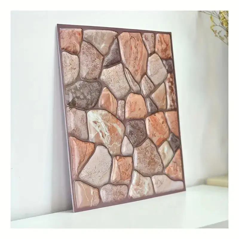 Set 10 Placi Tapet 3D, 30 x 30 cm, din PVC, Tip Piatra, Suprafata acoperita 0.9 mp, Autoadeziv, Caramiziu (2)