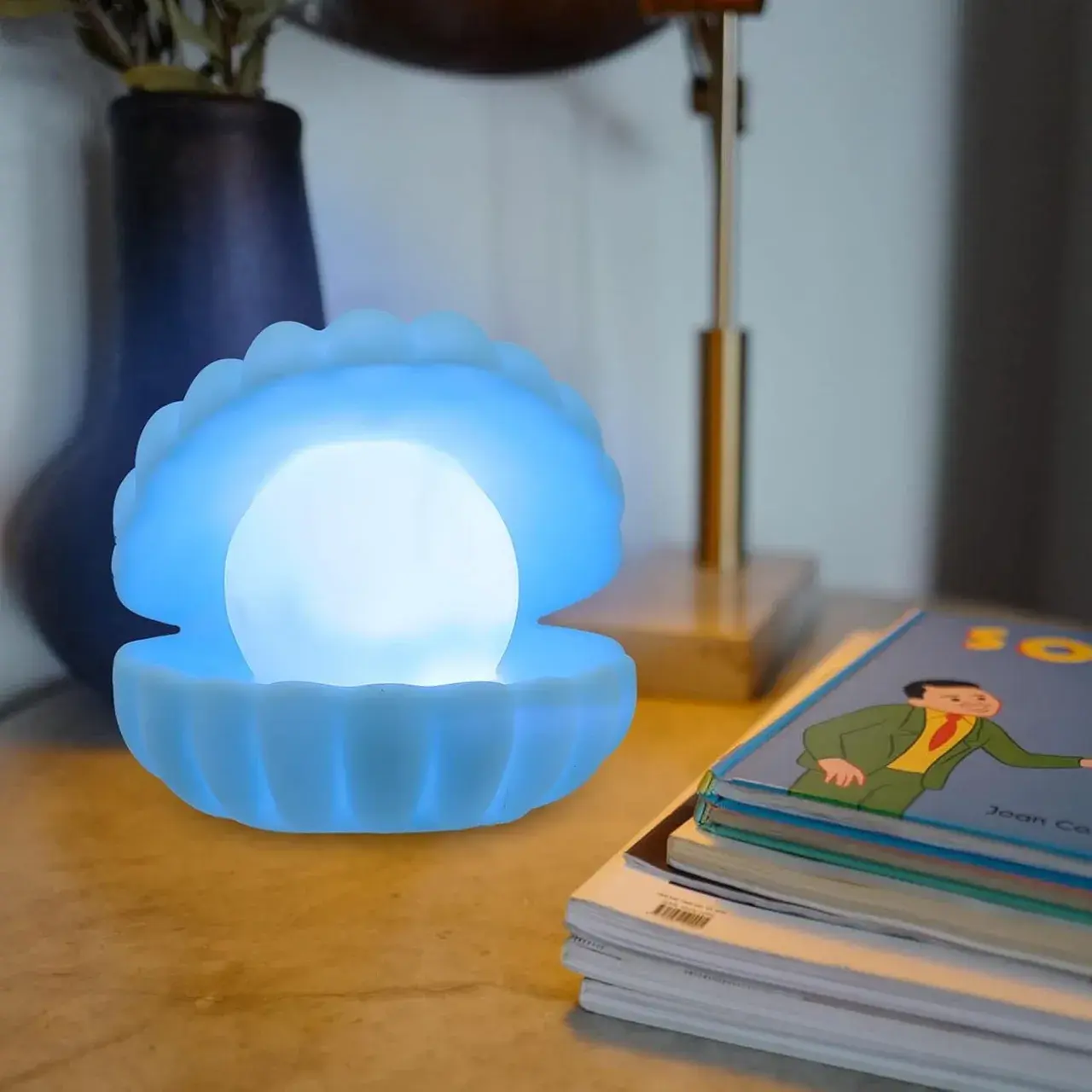 Lampa de Veghe, Model Scoica cu Perla, Lumina Calda, 10 x 8.5 cm, Led, Baterii Incluse 3 x LR44, Albastru (5)