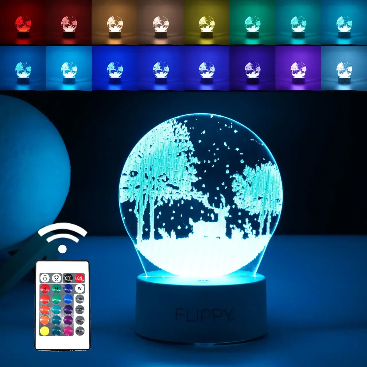 Lampa LED decorativa, 3D, Peisaj de iarna, cu telecomanda, doua moduri de alimentare USB si baterii, 20 cm inaltime, din material acril si lumina multicolora, alb