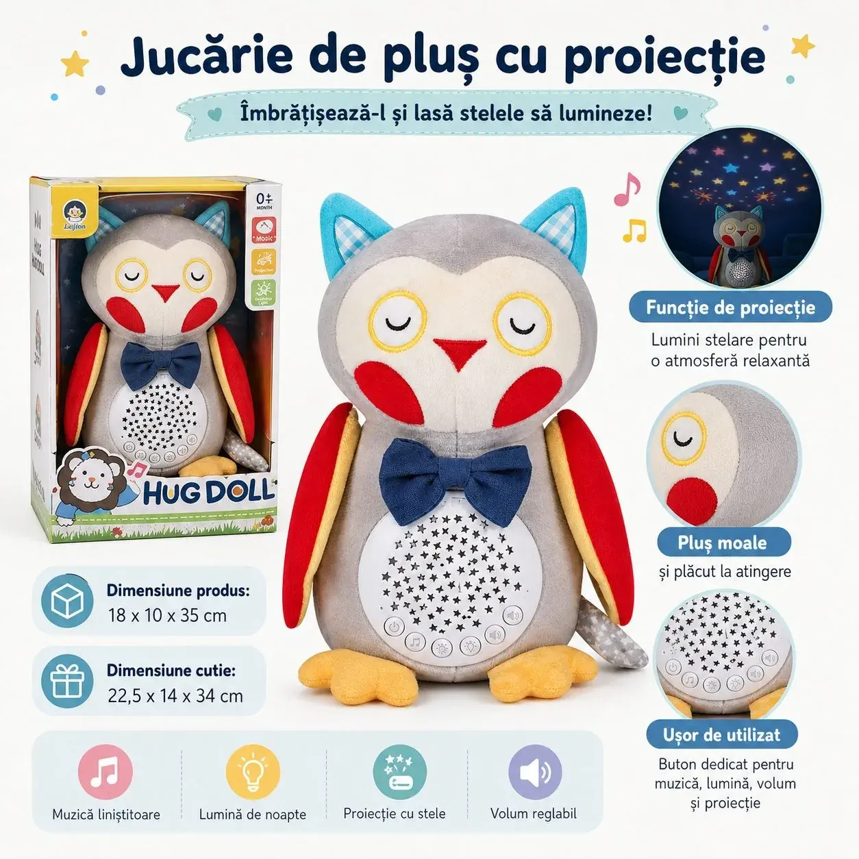 Bufnita De Plus Interactiva Pentru Copii Cu Proiectie Luminoasa Si Muzica, Jucarie De Somn Tip Lampa De Veghe Cu Sunete Relaxante, Plush Pentru Imbratisat Si Linistire Copii 0+ Luni, Multicolor (2)